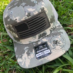 Military Camo American Flag Richardson 112 Trucker Hat w Gray Leatherette Patch